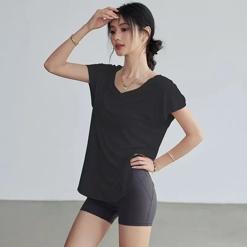 女性用スリムフィットラウンドネックヨガTシャツ半袖ストレッチ - Yoga Fitness Training のレビューと価格